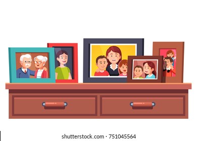 Big family relatives portrait photos frames standing on chest of drawers table top. Family Parents and kids relationship mementos in picture frames. Flat style vector illustration isolated on white.