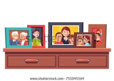 Big family relatives portrait photos frames standing on chest of drawers table top. Family Parents and kids relationship mementos in picture frames. Flat style vector illustration isolated on white.