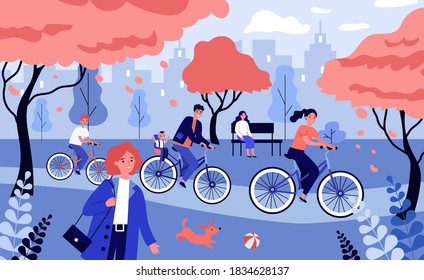 Big family riding bicycles in beautiful park. Activity, weekend, city park. Flat vector illustration. Recreation concept can be used for presentations, banner, website design, landing web page