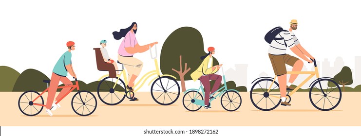 Big family riding bikes together. Young parents with kids cycling in park. Cute mother, father with three children in helmets on bicycles. Flat cartoon vector illustration
