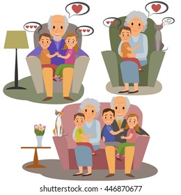 Big Family set. Happy family whith grandchildrens and grandparents sitting on the sofa whith cat