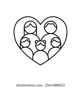 A big family in shape heart. Icon. Mom Dad Daughter and Sons. Young parents and young children. Black Contour. Cartoon Line simple style. White background. Vector illustration.