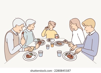 Big family sit at table eating dinner together. Parents, child and grandparents enjoy tasty food at home. Vector illustration. 