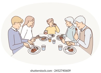 Big family sit at table eating dinner together. Parents, child and grandparents enjoy tasty food at home. Vector illustration.