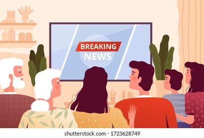 Big Family Sitting At Home In Front Of The TV And Watches The Latest News. People Spend Time At Home And Want New Information. The Concept Of Home Viewing News