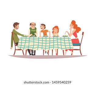 Big Family Sitting at Kitchen Table with Checkered Tablecloth, Eating Food and Talking to Each Other, Happy Parents, Children and Grandfather Having Lunch Vector Illustration