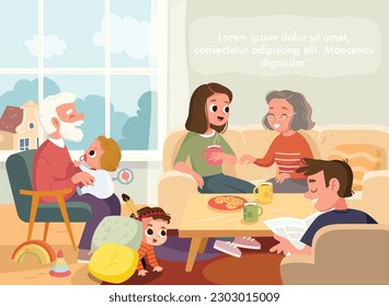 Big family sitting in a living room, talking and laughing. Children play at home with parents and grandparents. Cozy interior. Living room with furniture and decorative elements. 