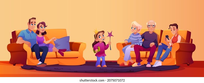 Big family sitting on couch and spending time together. Vector happy couple, parents and grandparents, children girl kid and teenager boy sit on sofa and spend evening on communication with each other