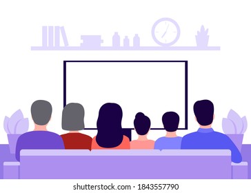 Big family sitting on sofa at home and watching TV news, back view. Seniors, parents and children sit in living room interior. Rest, spending time on isolation and quarantine. Safe health. Vector