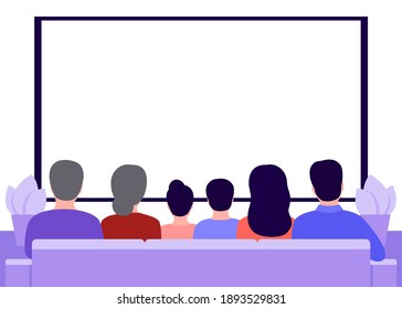 Big Family Sitting On Sofa At Home And Watching TV News, Back View. Seniors, Parents And Children Sit In Living Room Interior. Rest, Spending Time, Watching Movie On Isolation And Quarantine. Vector