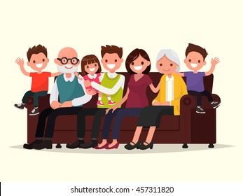 Big family sitting on the sofa. Grandfather, grandmother, father, mother and children. Vector illustration of a flat design