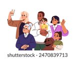 Big family smiles, taking selfie with dog. Several generations: kids, parents, granny do joint photo, picture. Happy people photography together. Flat isolated vector illustration on white background