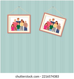 Big family smiling photo portraits in frames on wall vector illustration. Family portrait frame, mother and father, happy family