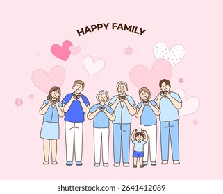 The big family is smiling while drawing a finger heart