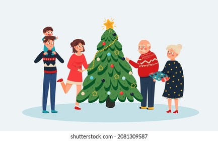 Big family spending time together and preparing for celebrating winter holidays. Merry Christmas and New Year. Vector illustration.