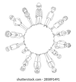 big family standing in circle in outline version