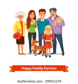 Big family standing together with happy smiles. Father, mother, doughter, baby, grandmother, grandfather and dog. Grandparents and their grandchildren. Flat style vector illustration.