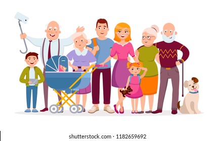 Big family standing together as a family portrait cartoon characters in vector flat design. Mother, father, children, baby, grandparents, pet, huge set of cartoon people adult and young isolated.