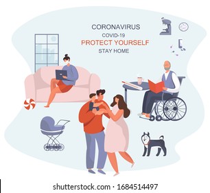 Big Family Stay Home.Social Distancing,
Family keeping Distance for Decrease Infection Risk For Prevent Virus Covid-19.
Stay Home on Quarantine During the Coronavirus Epidemic.Vector Illustration