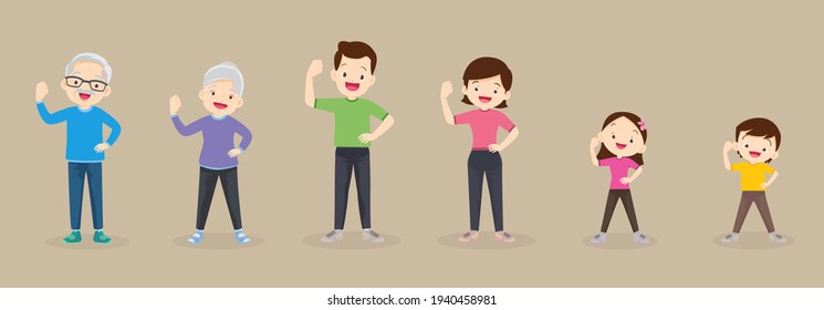 Gran familia fuerte brazo Poses haciendo ejercicio juntos Por la buena salud, abuelo, abuela, padre, madre, hija, hijo   Ejercer juntos de manera feliz y vigorosa