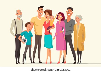 Big family taking flat vector color illustration. Woman holding baby, grandmother, grandfather. Grandparents with children together. Mother, father with sons. Group of people cartoon characters