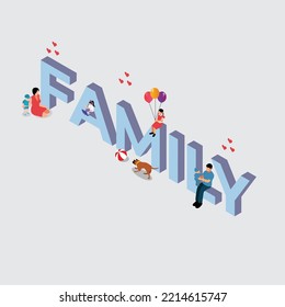 Big Family Text with Small Family Members isometric 3d vector illustration concept for banner, website, illustration, landing page, flyer, etc.