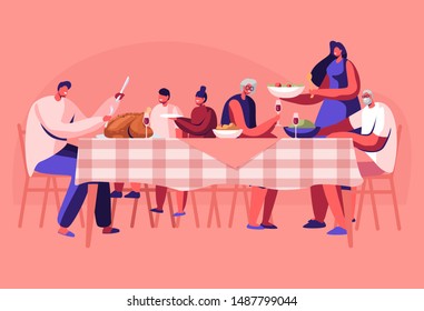 Big Family Thanksgiving Celebration Dinner Around Table With Food. Happy People Eating Meal And Talking Together, Cheerful Characters Group During Festive Lunch. Cartoon Flat Vector Illustration