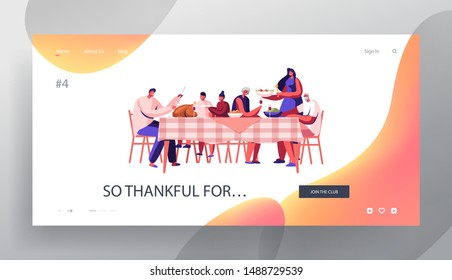 Big Family Thanksgiving Celebration Dinner Website Landing Page. Happy People Sitting Around Table with Festive Food. Parents and Children Generations Web Page Banner. Cartoon Flat Vector Illustration