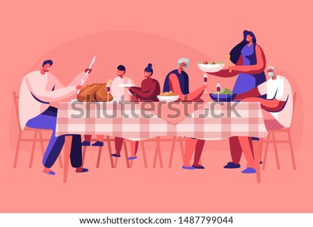 Big Family Thanksgiving Celebration Dinner Around Table with Food. Happy People Eating Meal and Talking Together, Cheerful Characters Group During Festive Lunch. Cartoon Flat Vector Illustration