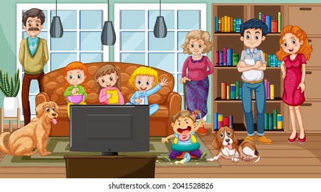 Big family with their pet in the living room scene illustration