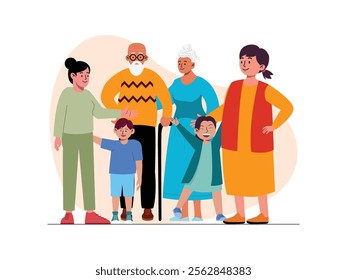 Big family there are grandparents, they have two daughters, their daughters are married and each has a son and a daughter.
design, vector, illustration