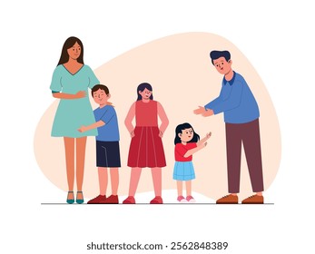 Big family there is a husband and wife with their three children, one boy and two girls, they are playing together.
design, vector, illustration