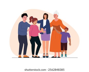 big family there is a mother two sons and one daughter, there is also a grandmother, they embrace each other.
design, vector, illustration