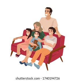Big family with three children spend time together, sitting on the sofa at home. Rest with relatives, day off, watching a movie. Vector illustration
