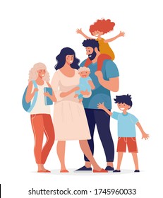 Big family together. Dad and mom with a newborn, son toddler and daughter teenager. Happy parents hug children. Flat vector illustration isolated on white