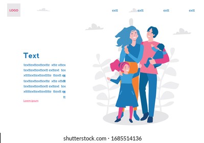 Big Family together. Group of people standing. Little girl, babyб woman, man, ,Father, mother, sister, brother, Vector illustration for web banner, infographics, mobile