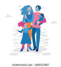 Big Family together. Group of people standing. wearing protective Medical mask for prevent virus ,Father, mother, sister, brother, Vector illustration for web banner, infographics, mobile