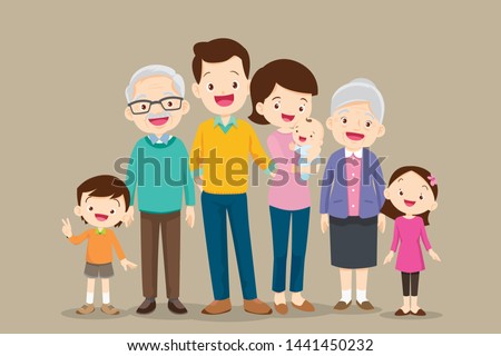 Big Family together. Group of people standing. Little boy, teenager girl, woman, man, old man, senior woman,Father, mother, sister, brother, grandfather, grandmother
