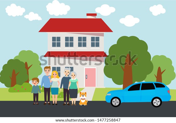 Big Family\
together. Group of people standing. Little boy, woman, man, old\
man, grandmother vector\
illustration