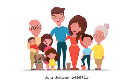 Big family together. Happy extended family with parents, grandparents and children and pets with cheerful smile. Vector flat cartoon illustration