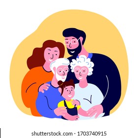 Big Family Together Hug Each other.Woman, Man, Mother, Father, Husband, Wife, Grandchild Daughter Girl Support and Hugging Old Sad Scared Worried Pensioner Granny Grandmother.Flat Vector Illustration