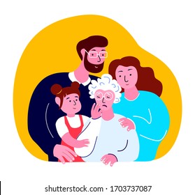 Big Family Together Hug. Young Adult Couple Woman,Man,Mother,Father, Husband, Wife,Grandchild Kid Daughter Girl Hugging Old Aged Pensioner Grandparents.Grandmother,Grandfather.Flat Vector Illustration