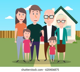 Big family together on the background of their house