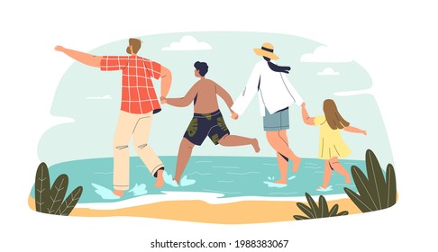 Big family together on vacation on sea resort. Parents and two kids run on beach holding hands. Dad, mom with children travel to tropical island to ocean coast. Cartoon flat vector illustration