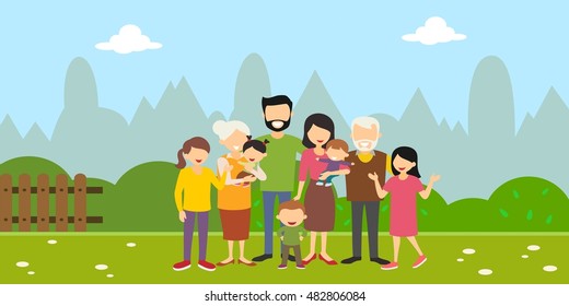 Big Family Together In The Park. Vector Illustration With Flat Style Design