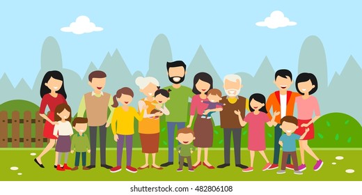 Big Family Together In The Park. Vector Illustration With Flat Style Design