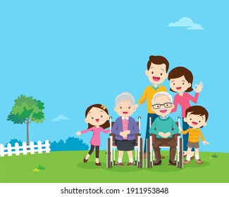Big family together in the park.happy elderly be happy on wheel chair with parents.