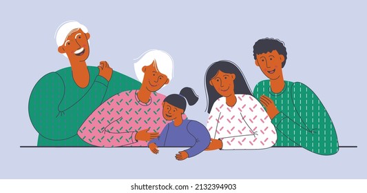 Big family together. Smiling grandparents, parents and child. Vector illustration