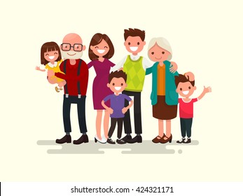 Big family together. Vector illustration of a flat design