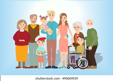 Big family together vector illustration of a flat design. Set of big happy family character, Mom and Dad, grandparents, parents and children, brother and sister.
